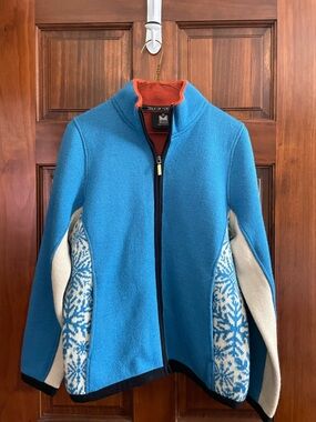 Dale of Norway Blue and White Zip Front Cardigan with Orange Trim